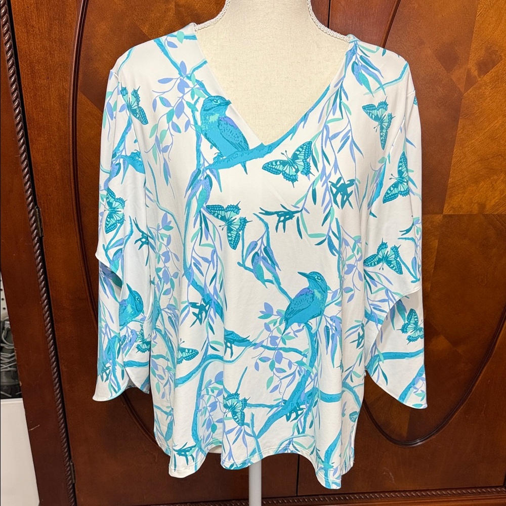 Jude Connally Teal Bird and Butterfly Top